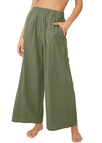 Maialena | Women's Elastic Waist Pockets Lightweight Pants – Dress Pants in Olive Green