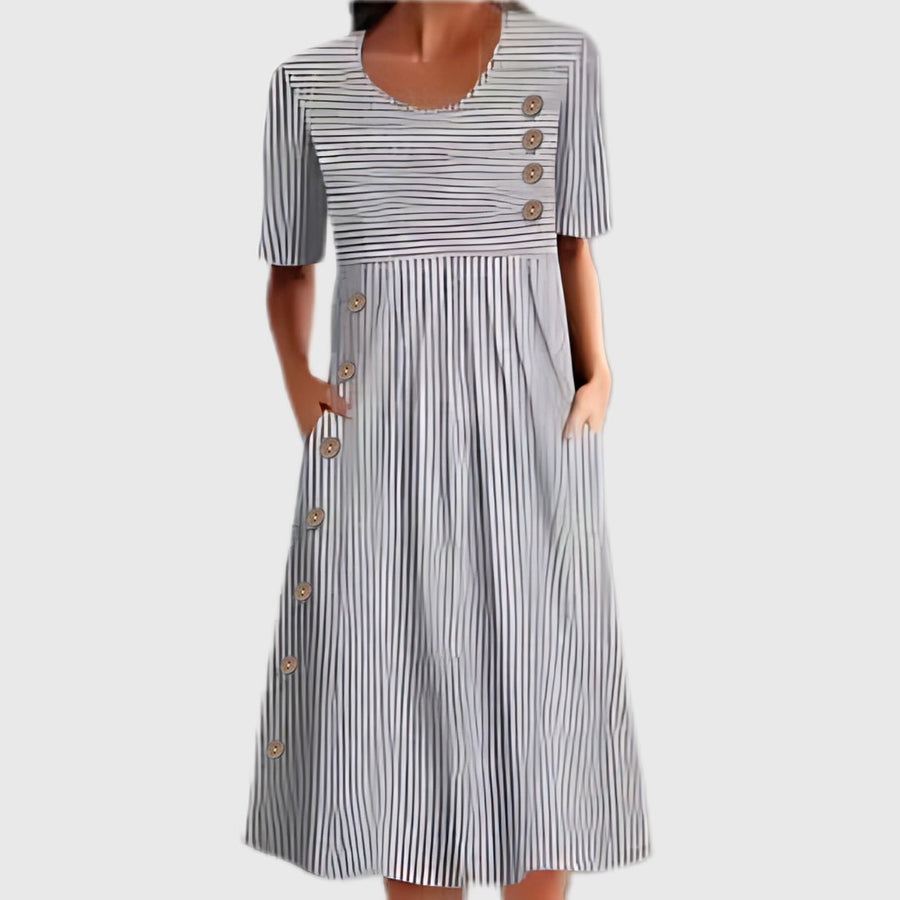 Maisie | Women's Striped Button Midi Dress in Gray