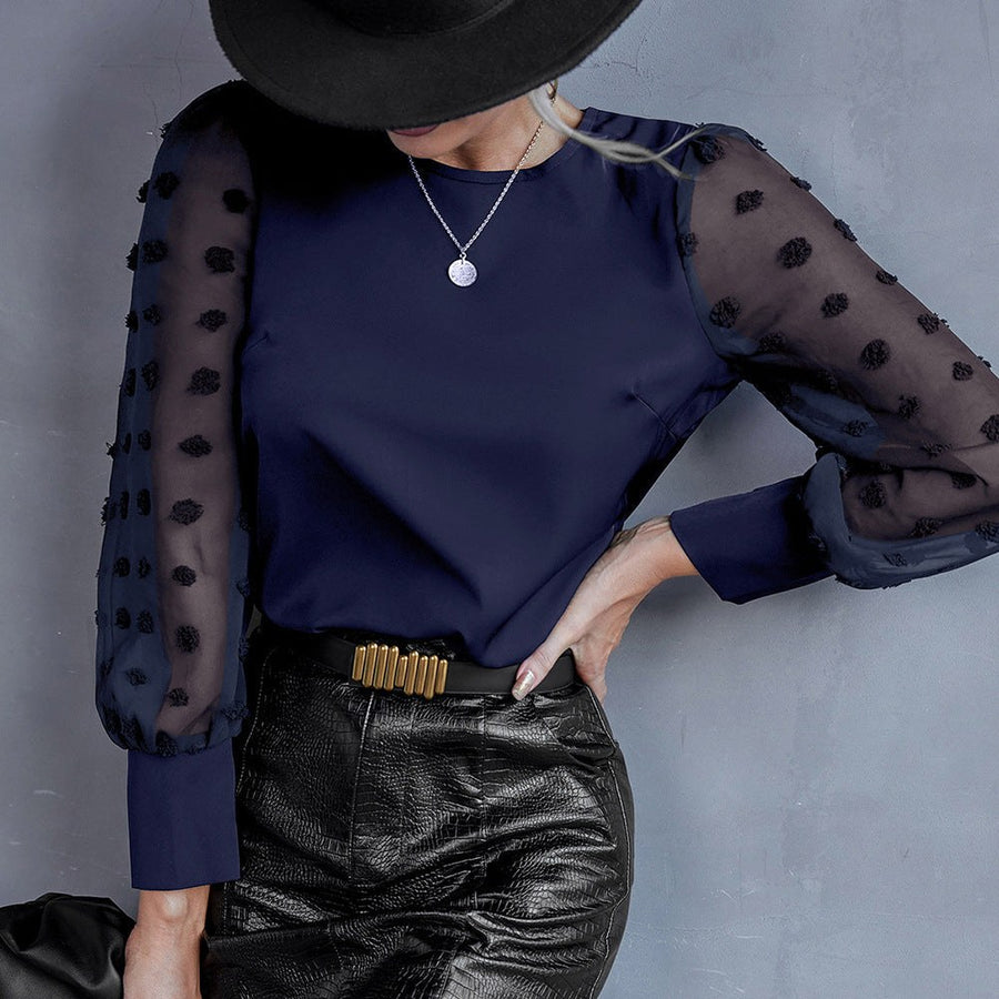 Maitane | Women's Sheer Puff Sleeve Blouse in Midnight Blue