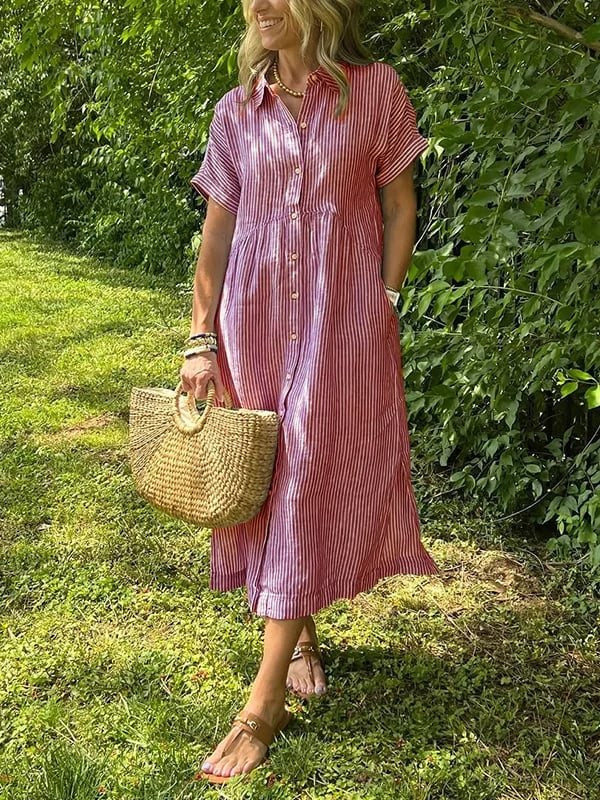 Malou | Women's Striped Button-Up Dress in Red