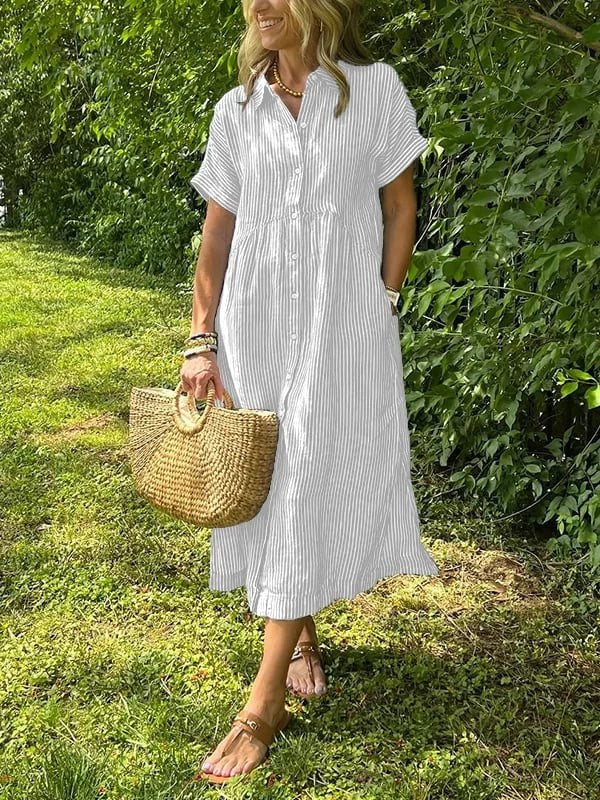 Malou | Women's Striped Button-Up Dress in White