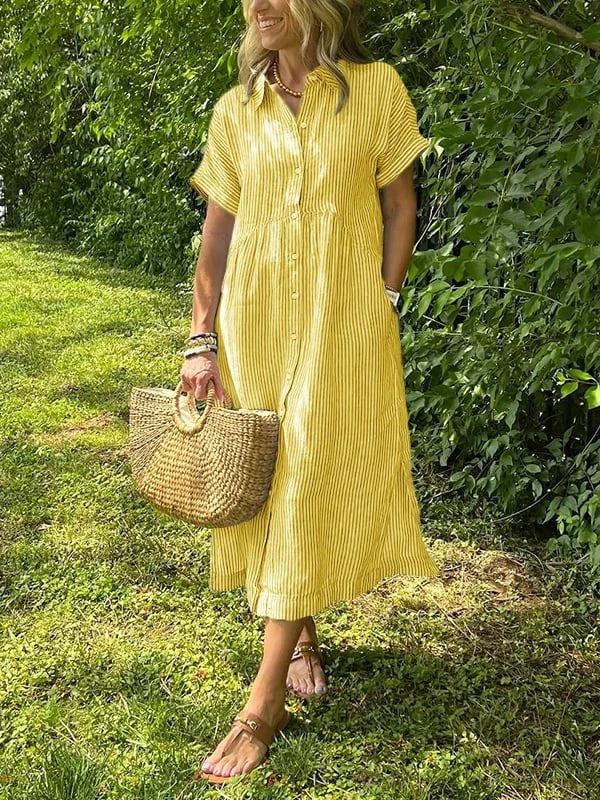 Malou | Women's Striped Button-Up Dress in Yellow