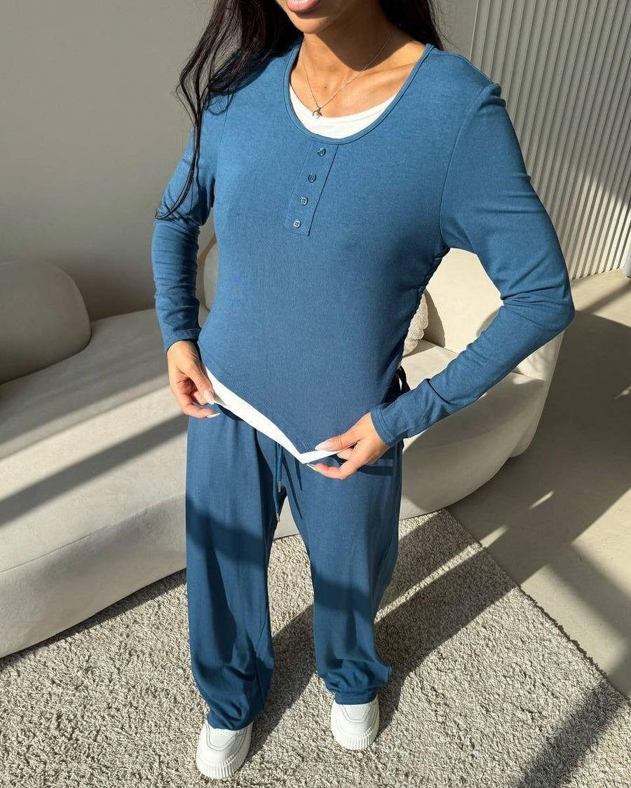 Malvina | Women's Elastic Waist Button Detail Two-Piece Set in Blue