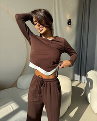 Malvina | Women's Elastic Waist Button Detail Two-Piece Set in Brown