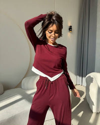 Malvina | Women's Elastic Waist Button Detail Two-Piece Set in Wine Red