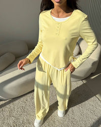 Malvina | Women's Elastic Waist Button Detail Two-Piece Set in Yellow