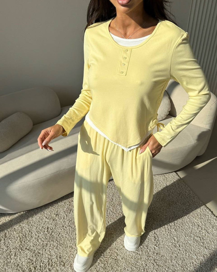 Malvina | Women's Elastic Waist Button Detail Two-Piece Set in Yellow