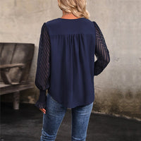 Mandoline | Women's V-Neck Sheer Puff Sleeve Blouse in Dark Blue