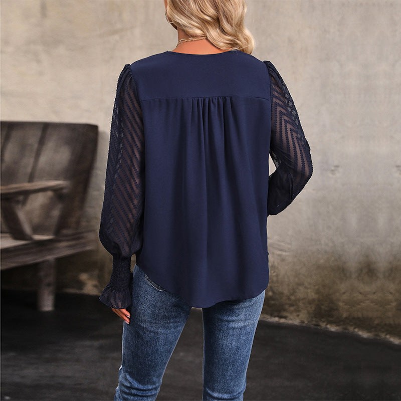 Mandoline | Women's V-Neck Sheer Puff Sleeve Blouse in Dark Blue