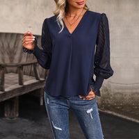 Mandoline | Women's V-Neck Sheer Puff Sleeve Blouse in Dark Blue