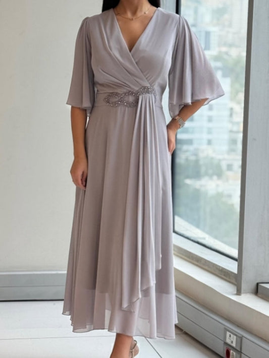 Manon | Women's V-Neck Draped Midi Dress in Light Gray
