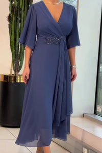 Manon | Women's V-Neck Draped Midi Dress in Navy