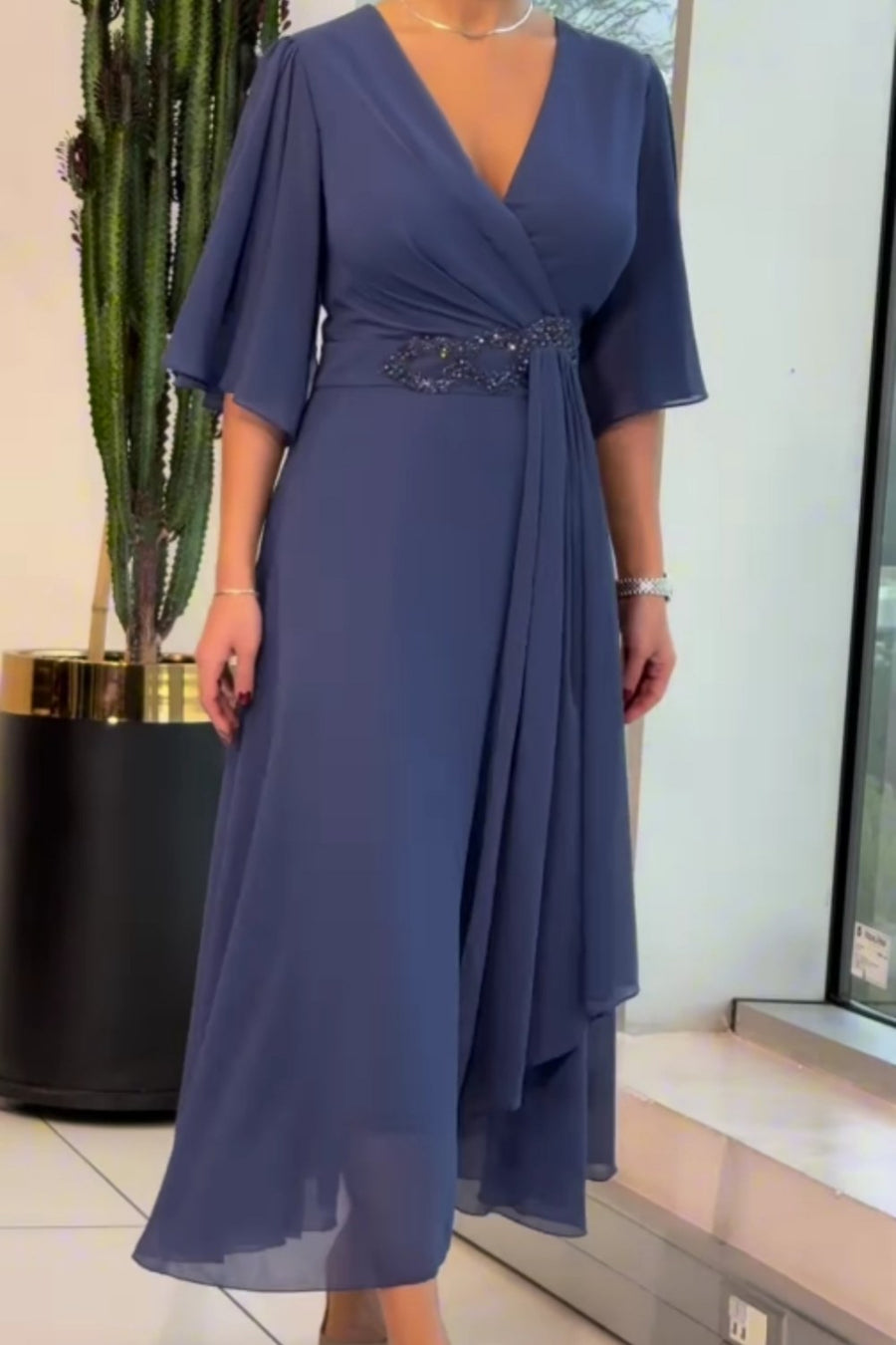 Manon | Women's V-Neck Draped Midi Dress in Navy