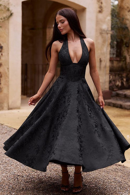 Marcella | Women's V-Neck Halterneck Maxi Dress in Black