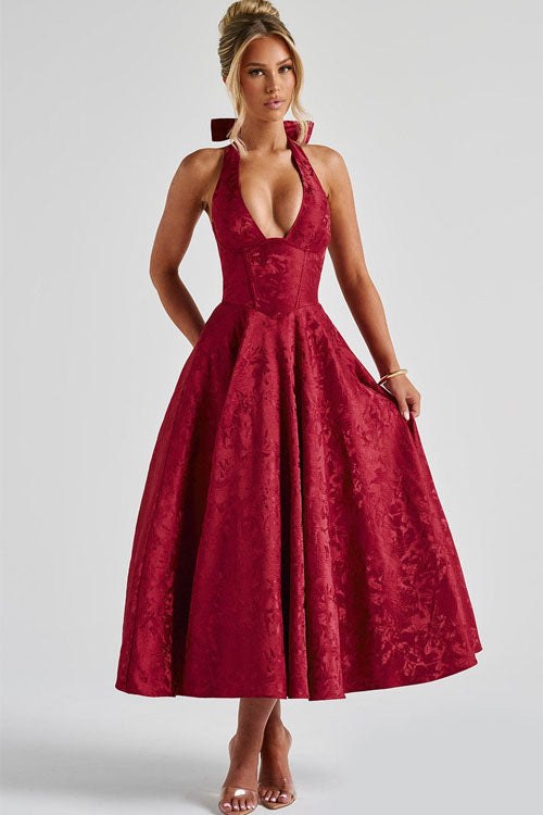 Marcella | Women's V-Neck Halterneck Maxi Dress in Dark Red