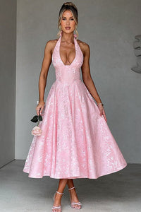Marcella | Women's V-Neck Halterneck Maxi Dress in Pink