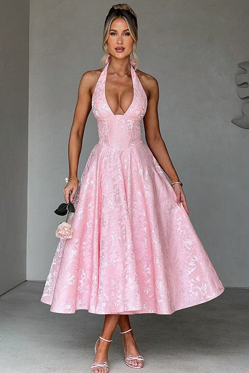 Marcella | Women's V-Neck Halterneck Maxi Dress in Pink