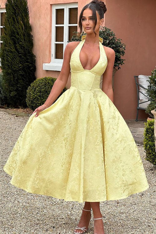 Marcella | Women's V-Neck Halterneck Maxi Dress in Yellow