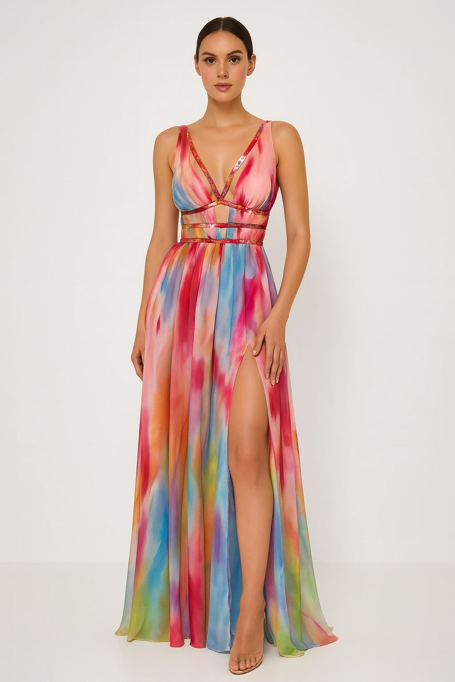 Margaux | Women's V-Neck Slit Maxi Dress in Multicolor