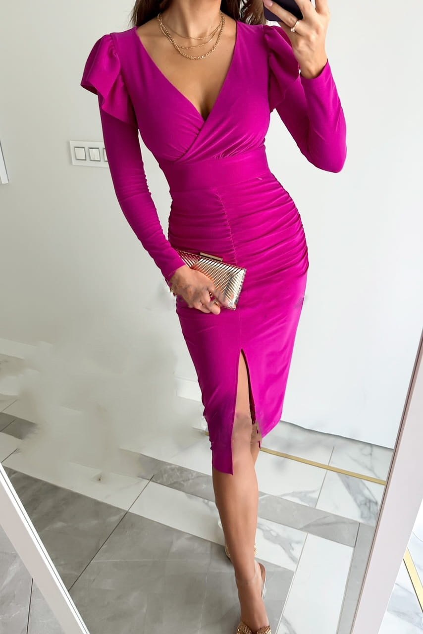 Margot | Women's Ruffle Detail Bodycon Slit Wrap Dress in Magenta