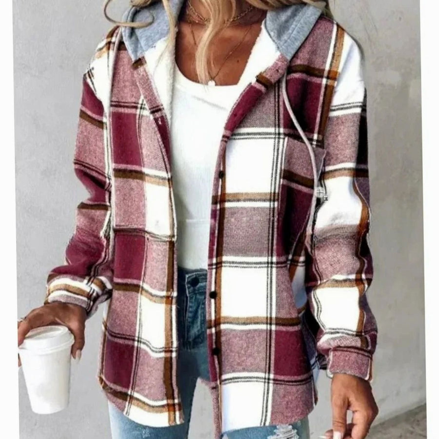 Margot | Women's Plaid Hooded Jacket with Relaxed Fit in DarkRed