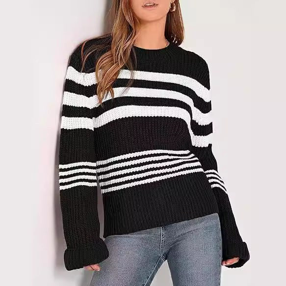 Marguerite | Women's Striped Knit Casual Sweater in Gray