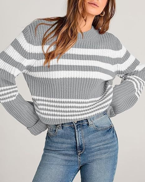 Marguerite | Women's Striped Knit Casual Sweater in Gray