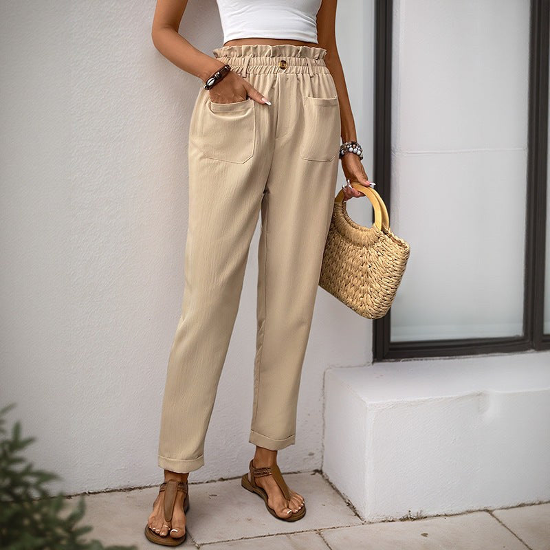 Mariabella | Women's Elastic Waist Pockets Dress Pants in Apricot