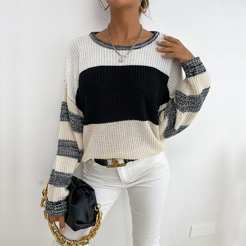Marialena | Women's V-Neck Striped Knit Sweater in Black White