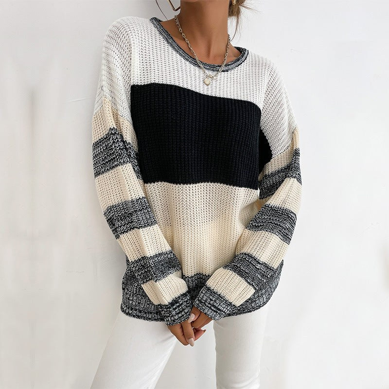 Marialena | Women's V-Neck Striped Knit Sweater in Black White