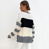 Marialena | Women's V-Neck Striped Knit Sweater in Black White