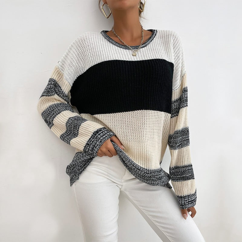 Marialena | Women's V-Neck Striped Knit Sweater in Black White