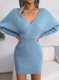 Marietta | Women's V-Neck Knit Mini Dress in Sky Blue