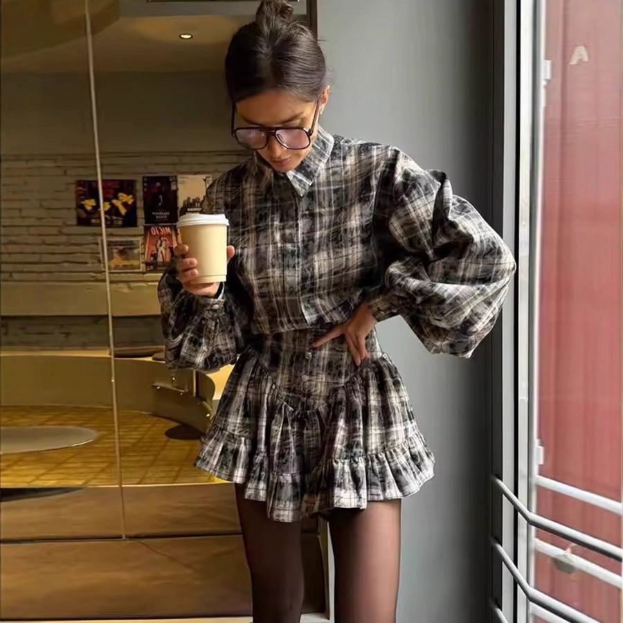 Marigold | Women's Plaid Ruffle Blouse in Anzug