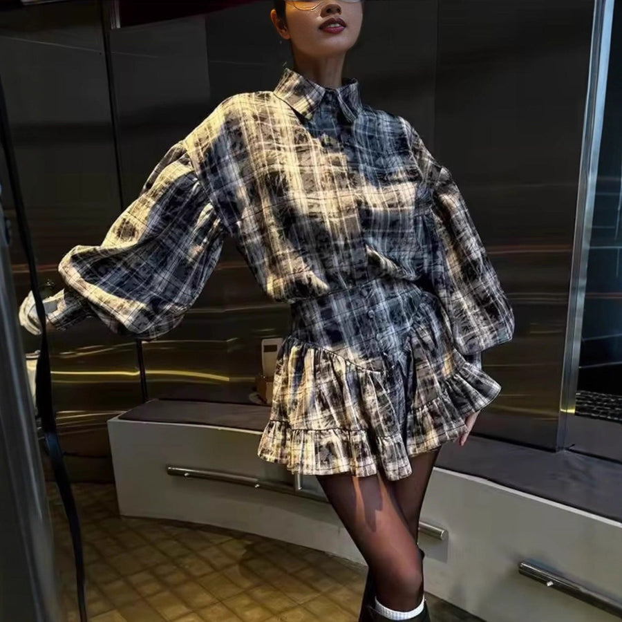 Marigold | Women's Plaid Ruffle Blouse in Anzug