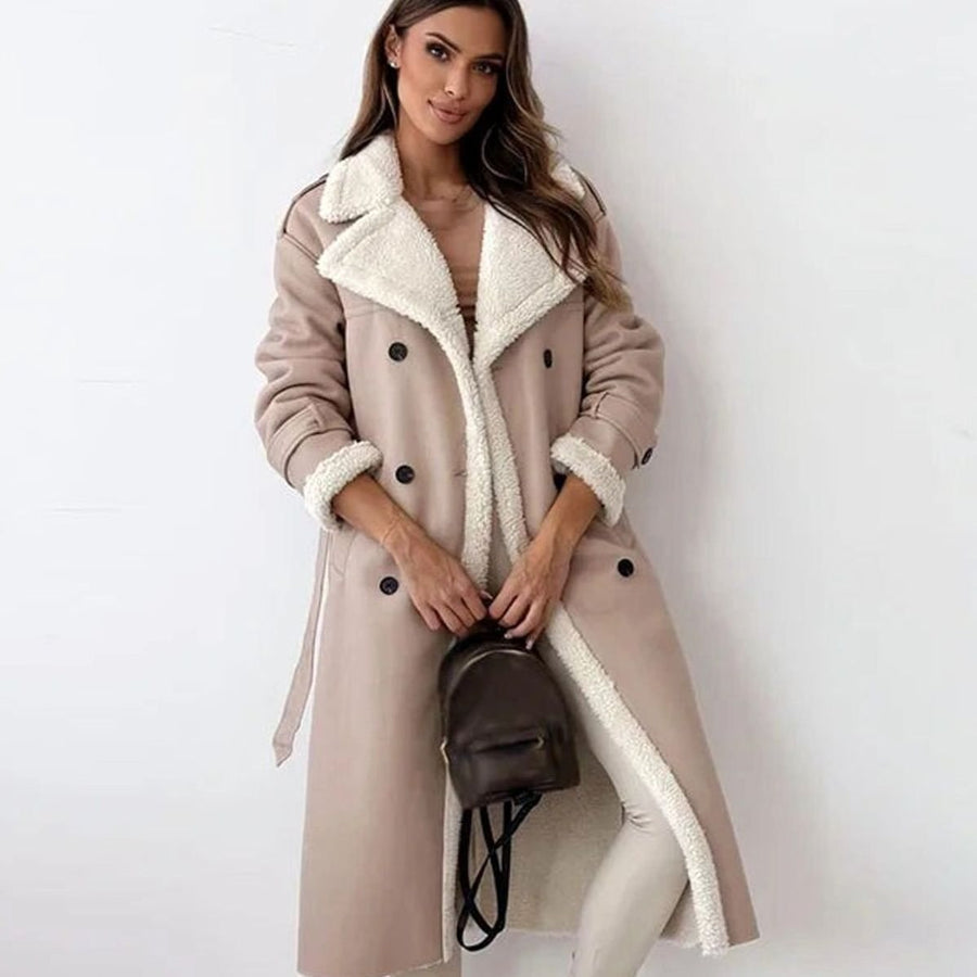 Marilyn | Women's Long Double-Breasted Faux Shearling Winter Coat in Beige