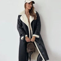 Marilyn | Women's Long Double-Breasted Faux Shearling Winter Coat in Black
