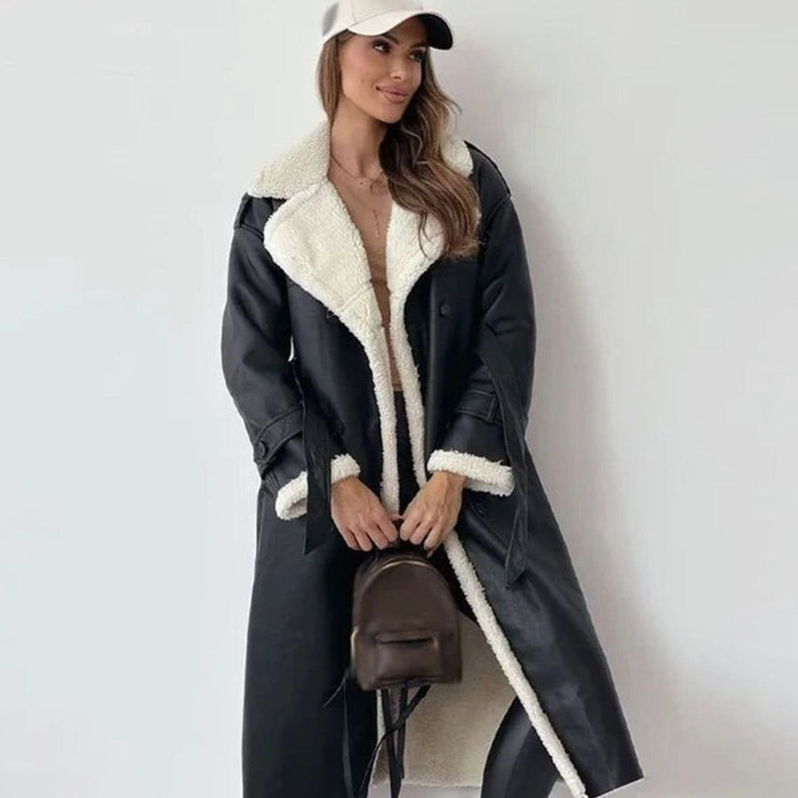 Marilyn | Women's Long Double-Breasted Faux Shearling Winter Coat in Black