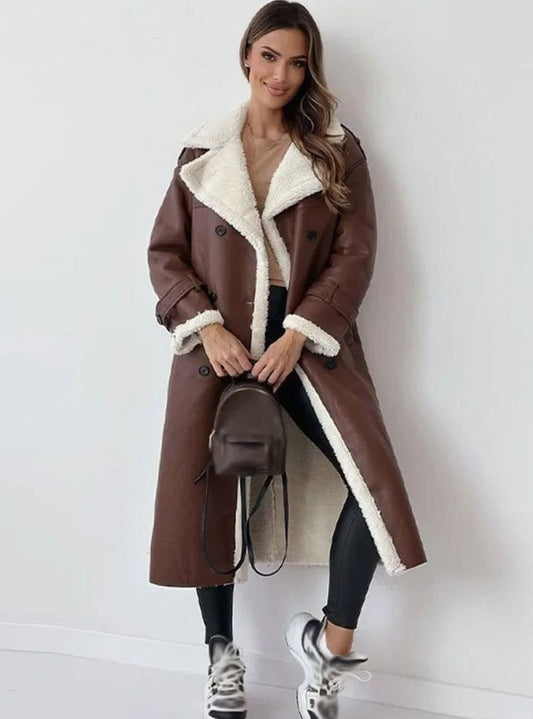 Marilyn | Women's Long Double-Breasted Faux Shearling Winter Coat in Brown