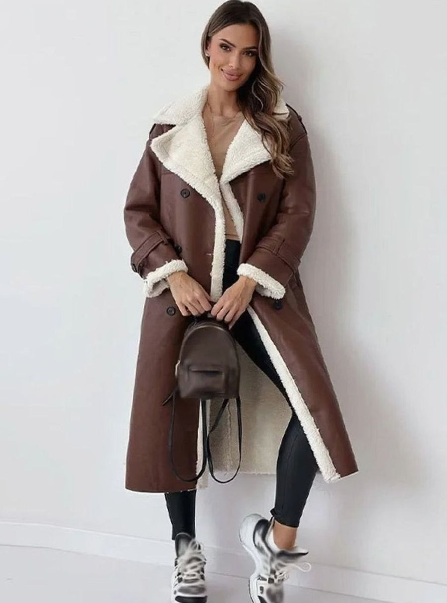 Marilyn | Women's Long Double-Breasted Faux Shearling Winter Coat in Brown