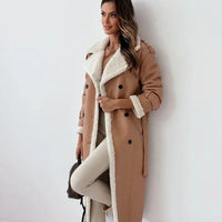 Marilyn | Women's Long Double-Breasted Faux Shearling Winter Coat in Khaki