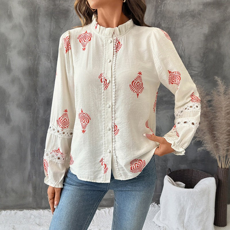 Maristela | Women's Stand Collar Puff Sleeve Top in Apricot