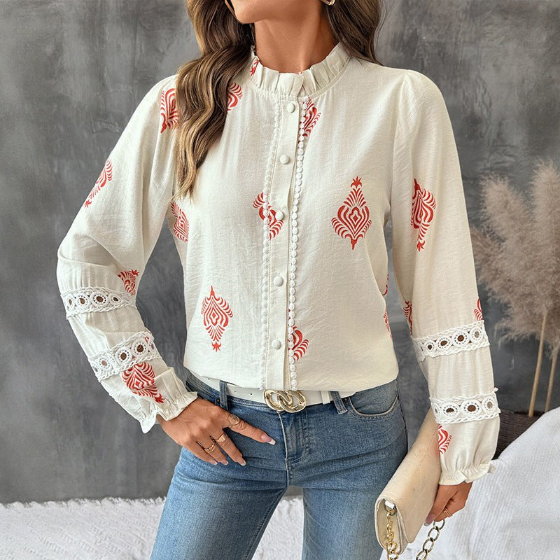 Maristela | Women's Stand Collar Puff Sleeve Top in Apricot