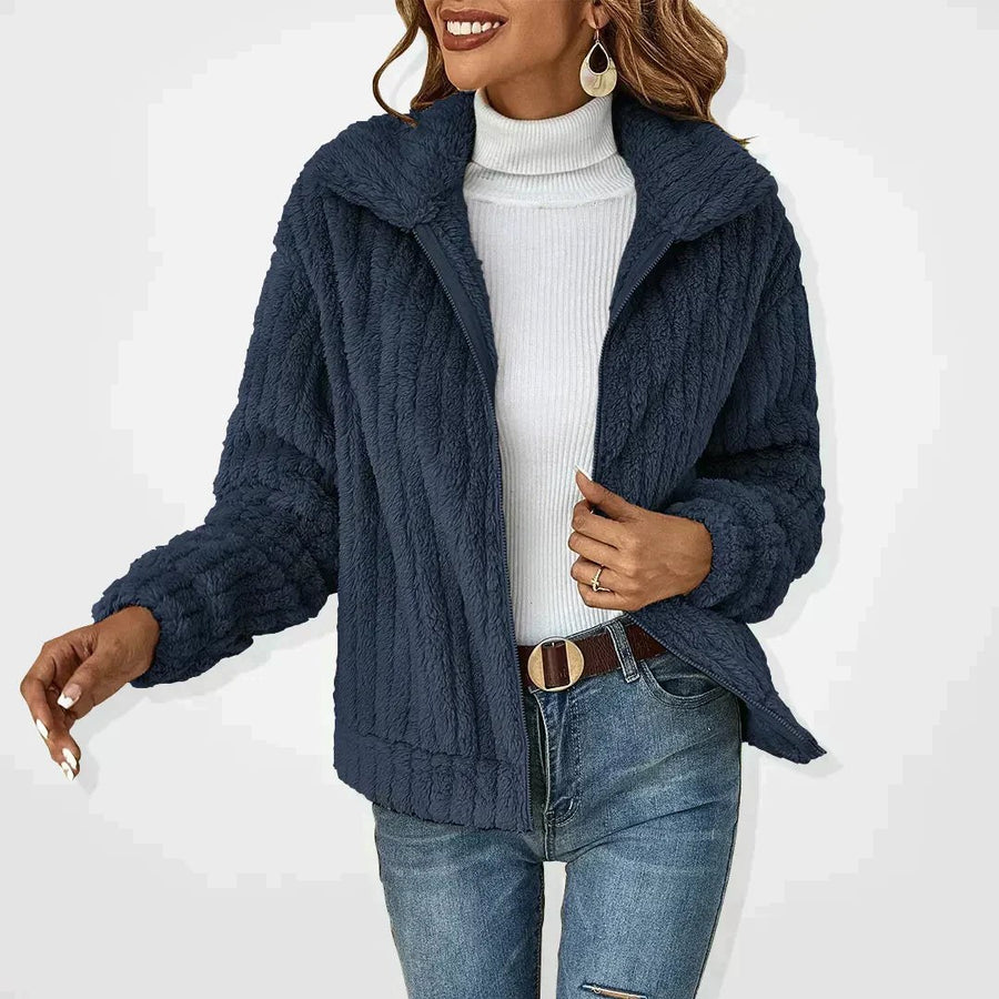 Marlene | Women's Zip Front Textured Jacket in Dark Blue