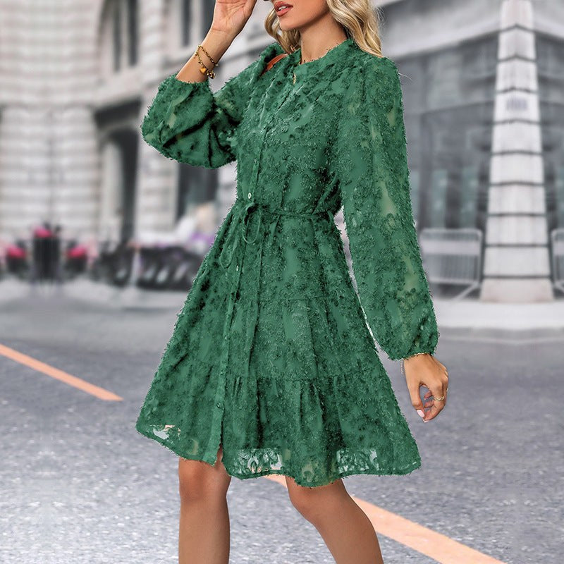 Marnie | Women's Tie Belt Belted Boho Dress in Pine Green