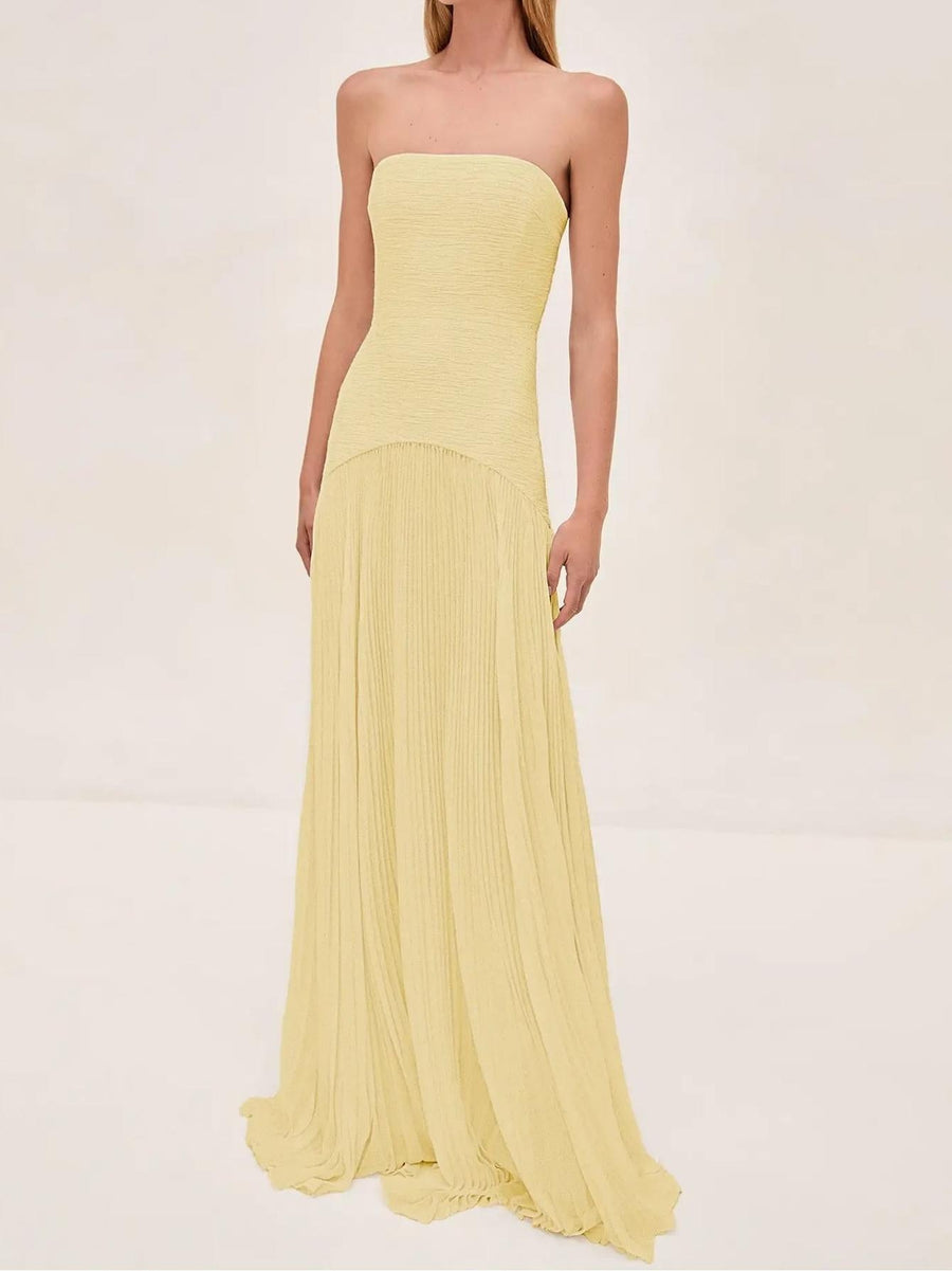 Mathilda | Women's Strapless Pleated Maxi Sundress in Yellow