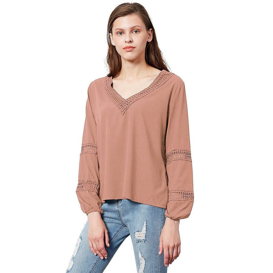Matilda | Women's Lace Trim V-Neck Blouse in Pink