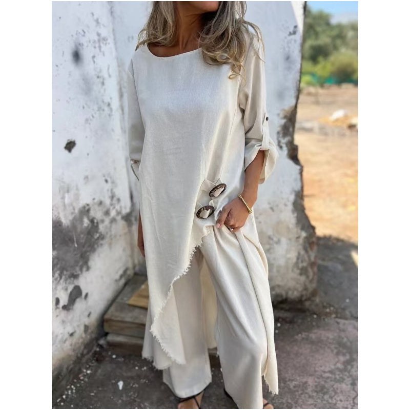 Maud | Women's Asymmetric Top Wide-Leg Matching Set in White