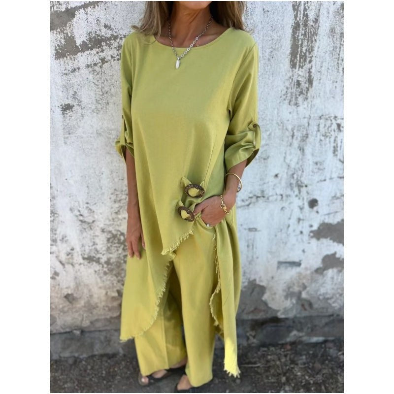 Maud | Women's Asymmetric Top Wide-Leg Matching Set in Yellow