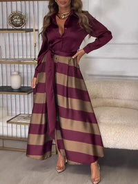 Maxine | Women's Striped Belted Chic Shirt Dress in Wine Red